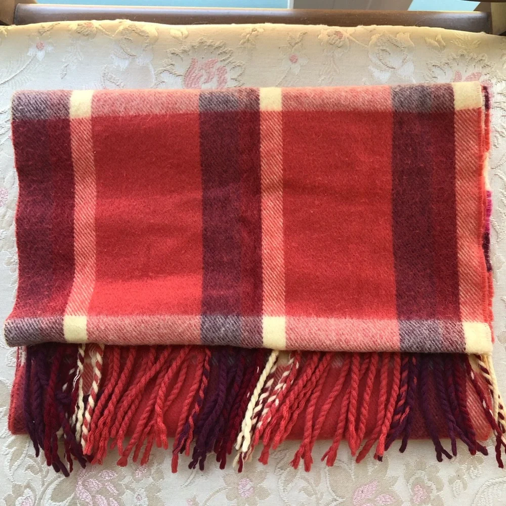 Vibrant Orange and Red Tartan Scarf with Fringe